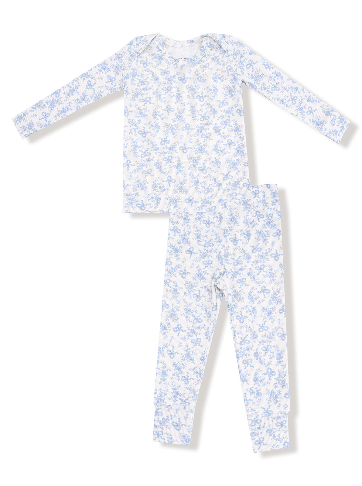 Children's long-sleeve pajama set in white and light blue floral pattern, featuring a top and matching pants.
