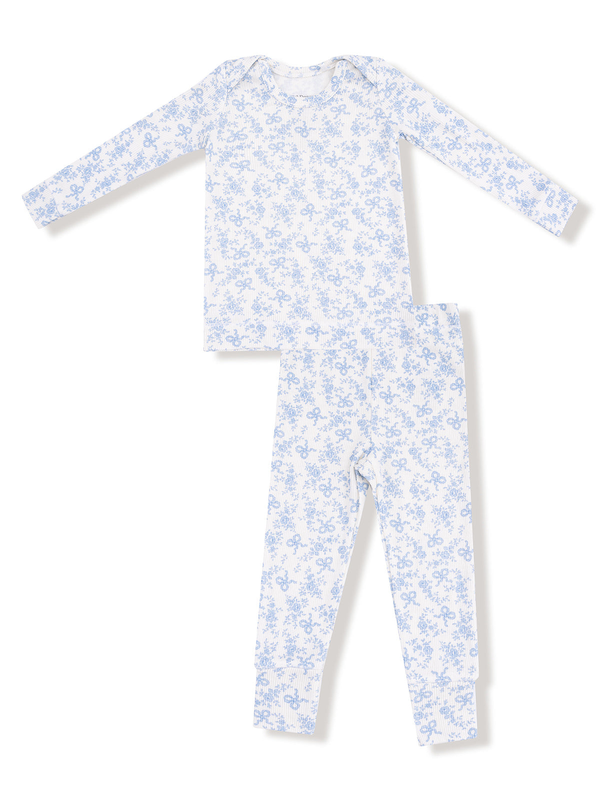 Children's long-sleeve pajama set in white and light blue floral pattern, featuring a top and matching pants.