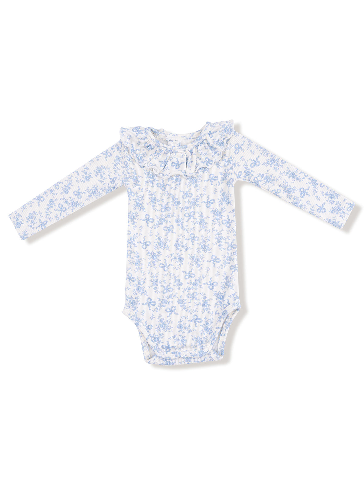 Blue floral long-sleeve baby bodysuit with ruffled neckline and snap closure at the bottom.