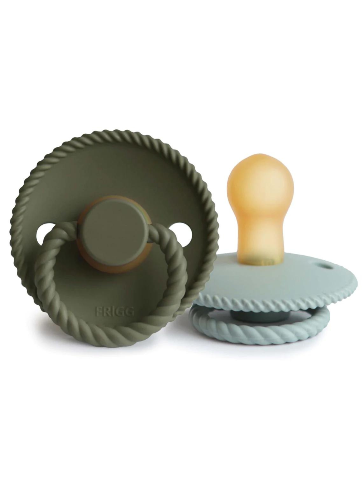 Two silicone pacifiers in olive green and light blue with rope design, ideal for soothing infants.