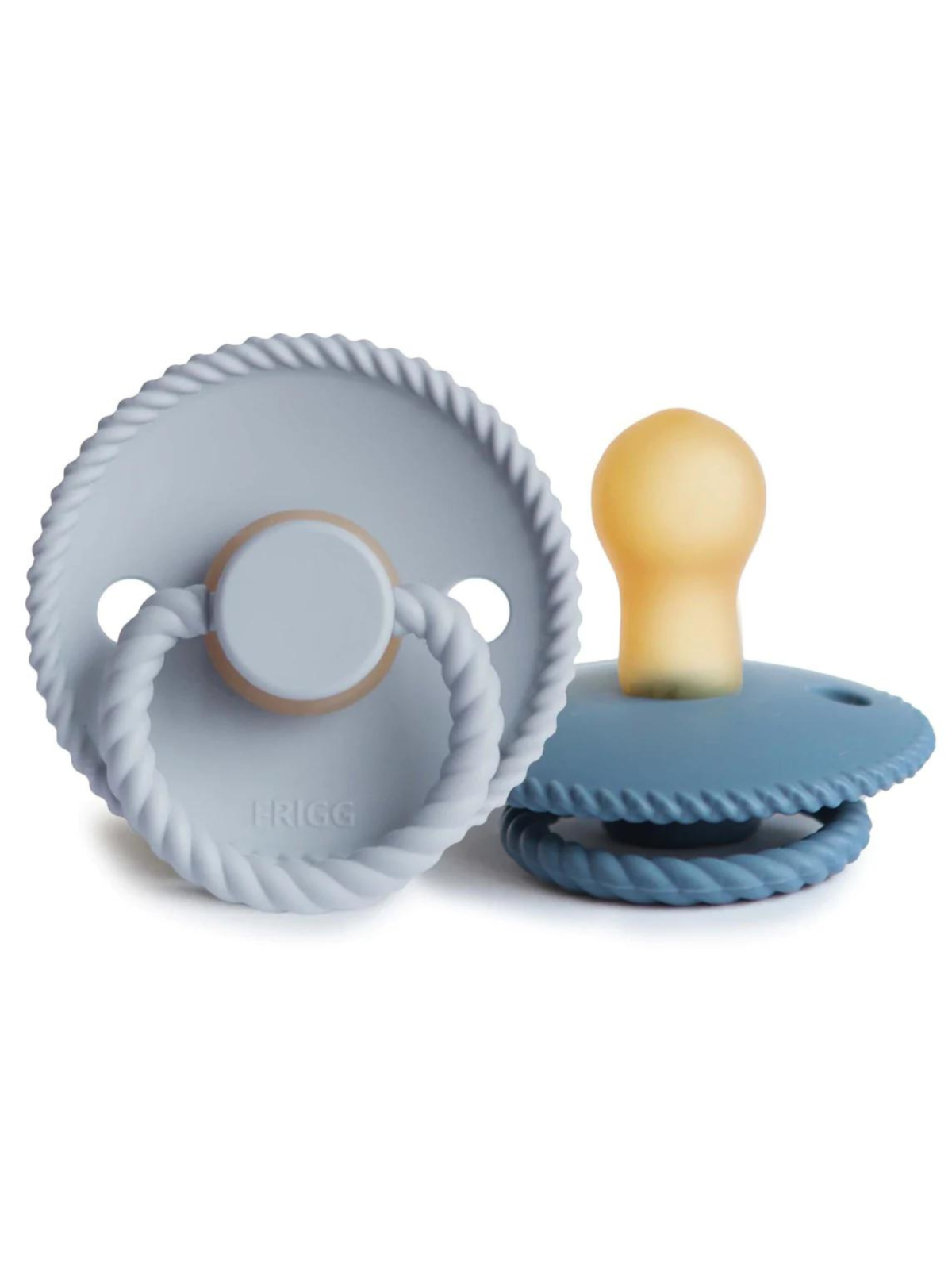 Silicone baby pacifiers in blue tones with a rope design and rounded tips, ideal for soothing infants.