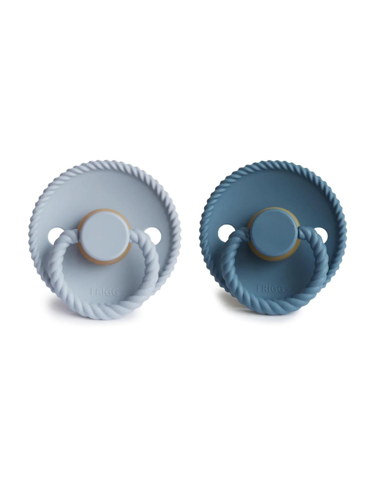 Two silicone pacifiers with textured, rope-like handles in light blue and dark blue colors.