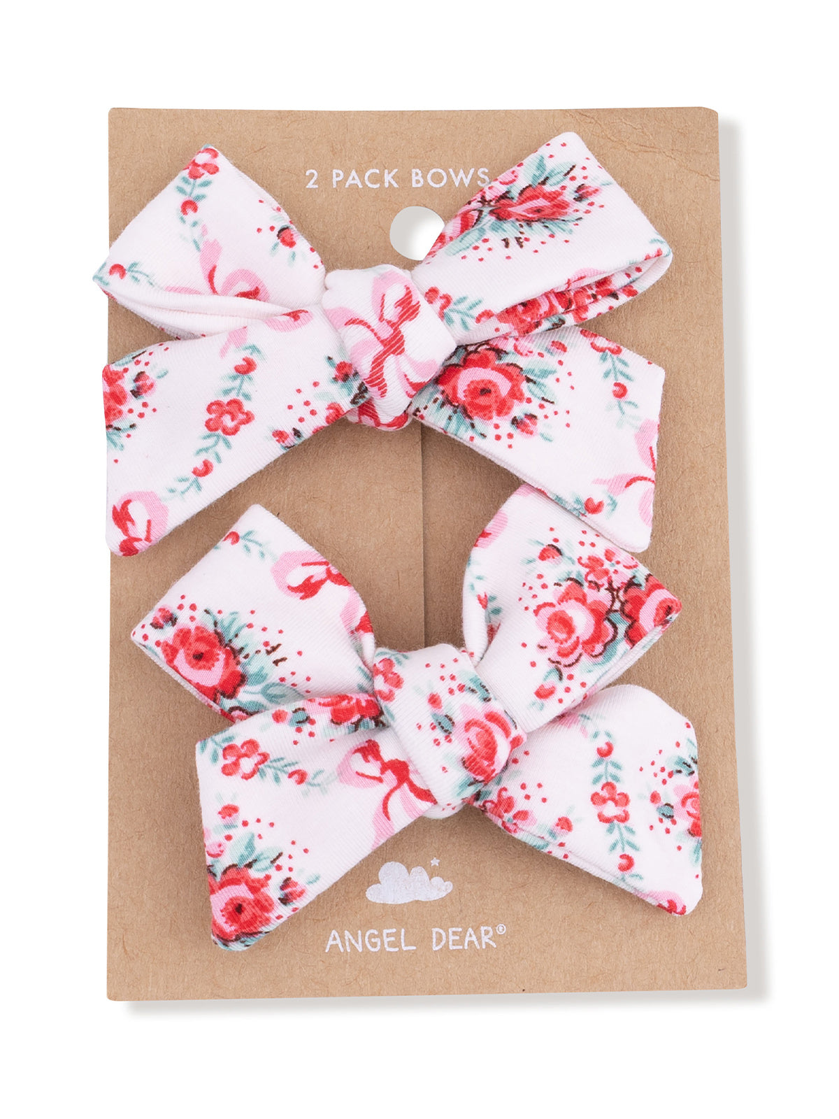 Two floral hair bows on a cardboard backing, featuring pink, red, and green patterns.