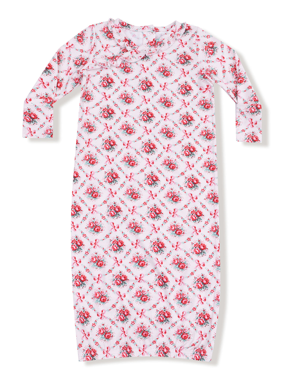 Floral-patterned nightgown with long sleeves and a soft collar in shades of pink and white.