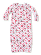 Floral-patterned nightgown with long sleeves and a soft collar in shades of pink and white.