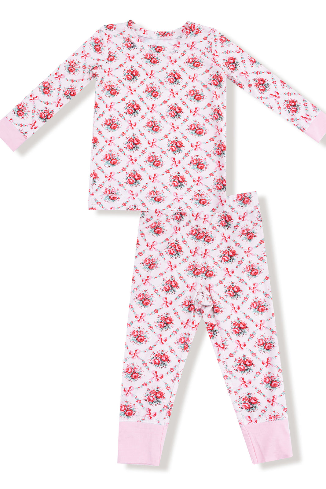 Girls' long-sleeve pajama set featuring a floral pattern with pink accents. Perfect for cozy nights.