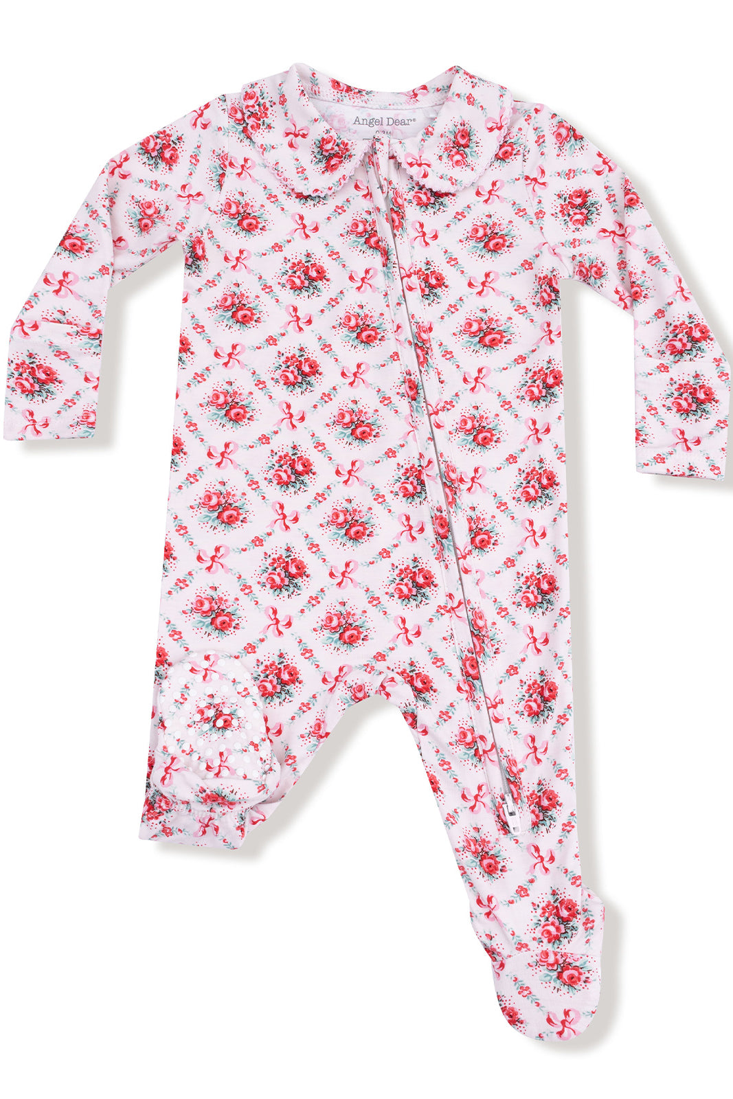 Floral-patterned infant romper with long sleeves and a zipper front, featuring a Peter Pan collar.