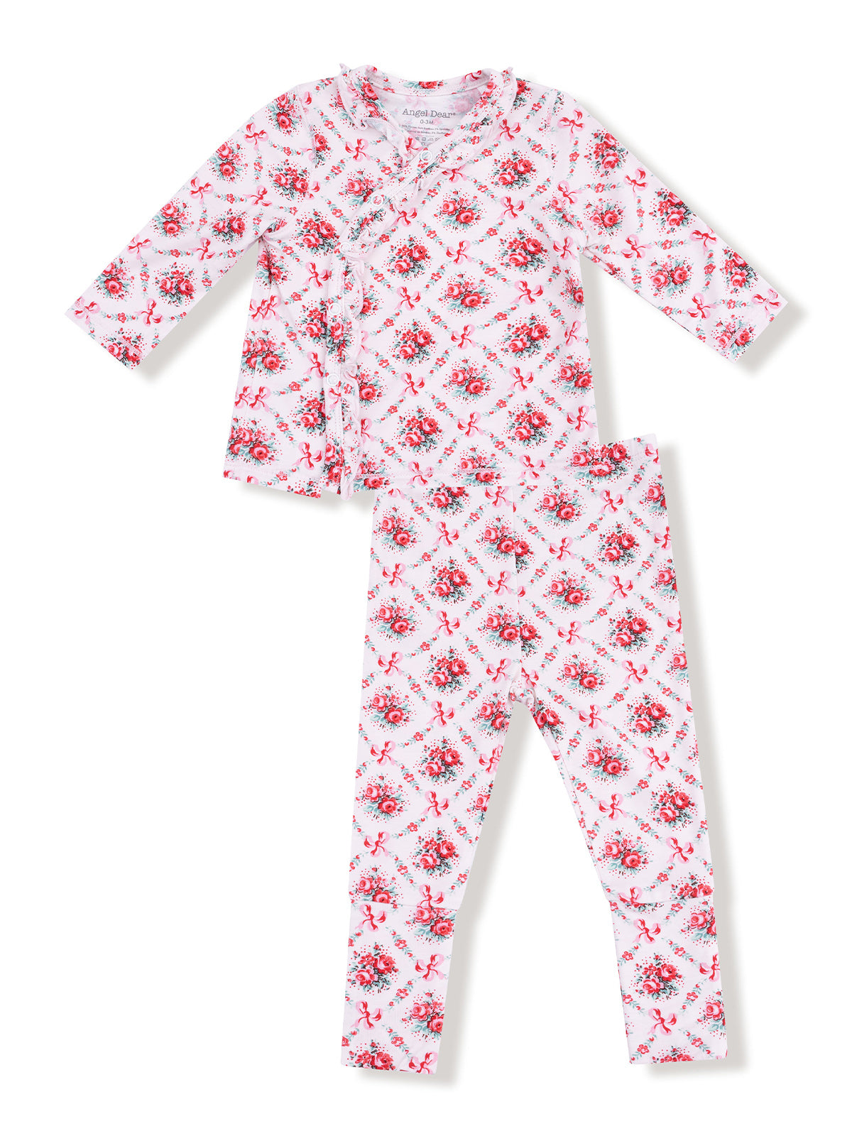 Child's pajama set featuring a floral pattern with red bows, including a top and matching pants.