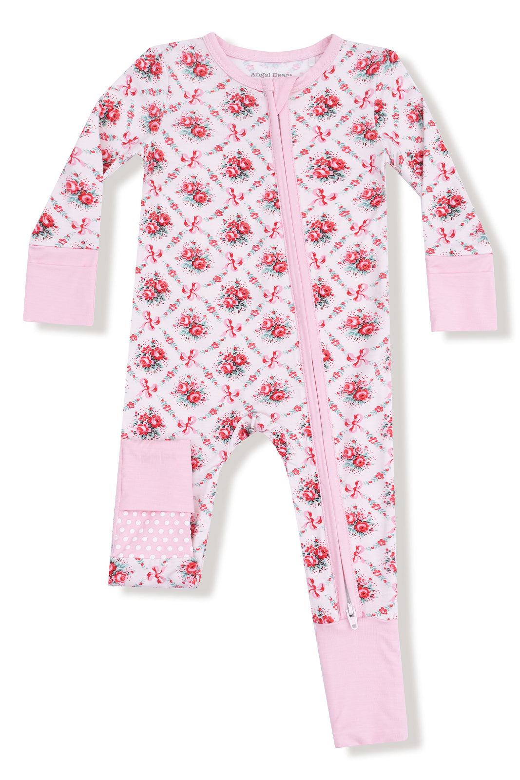 Pink floral-patterned toddler onesie with a front zipper and solid pink cuffs.