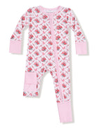 Pink floral-patterned toddler onesie with a front zipper and solid pink cuffs.