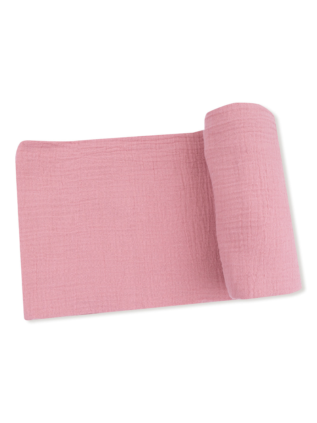 Light pink textured blanket, neatly rolled and laid flat on a white background. Ideal for cozying up or home decor.
