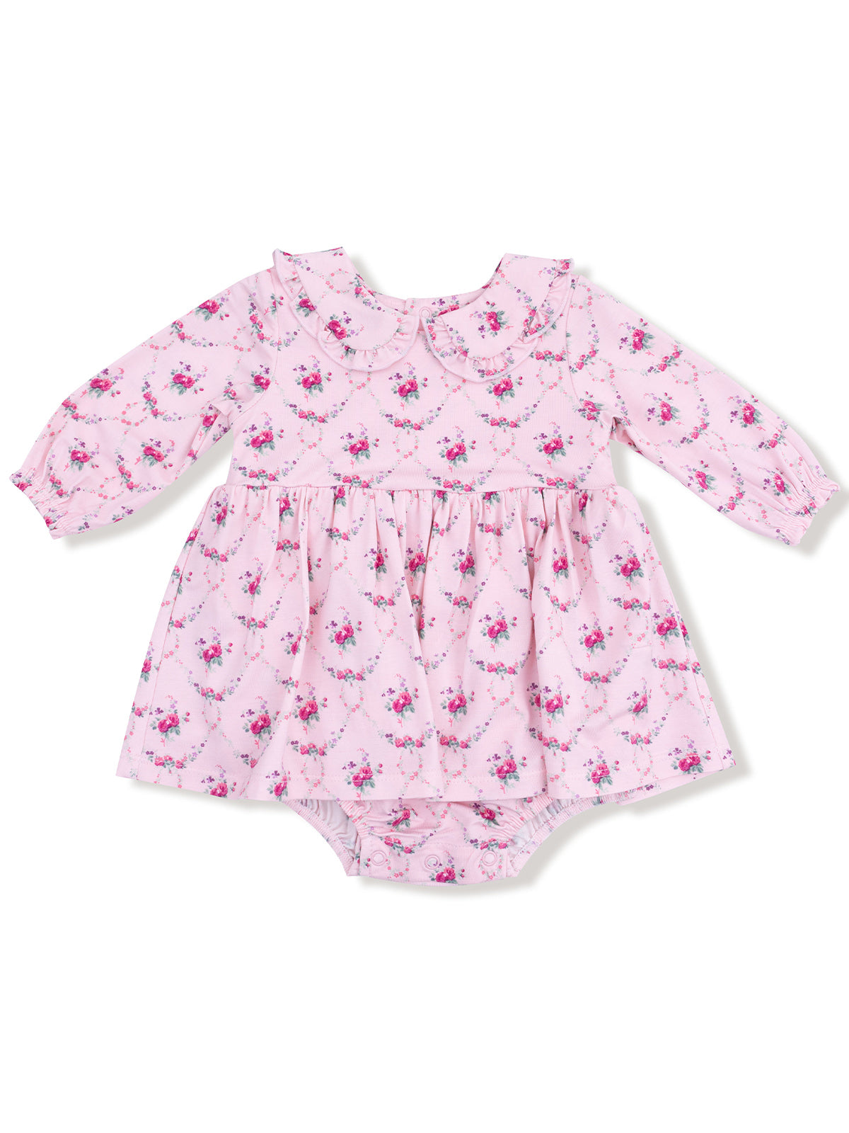 Pink floral baby dress with long sleeves and a ruffled collar, designed for infants.