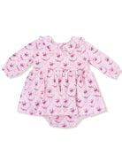 Pink floral baby dress with long sleeves and a ruffled collar, designed for infants.