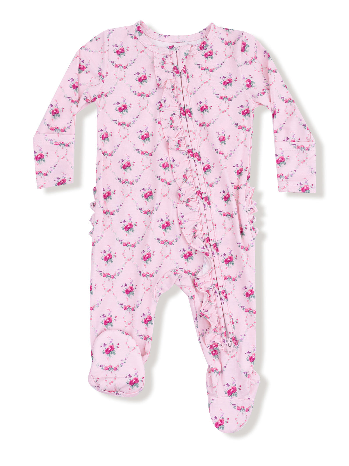 Pink baby onesie with floral pattern, long sleeves, ruffle detail, and footed design for comfort and style.