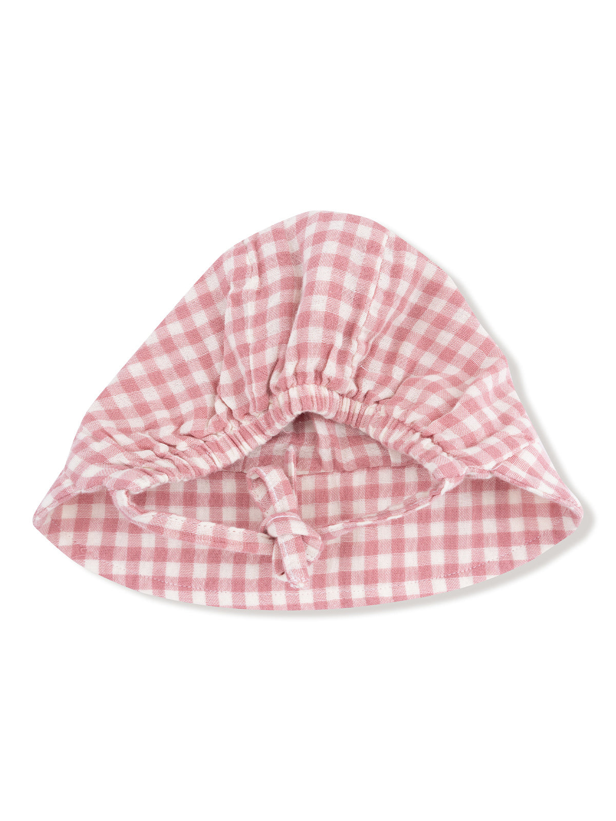 Pink gingham baby bonnet with gathered design and adjustable tie. Suitable for fashionable infant wear.