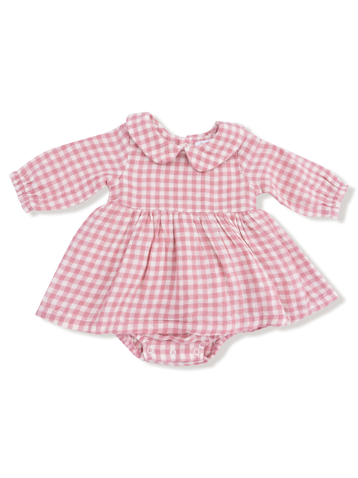 Pink gingham baby dress with long sleeves and a rounded collar. Ideal for special occasions.