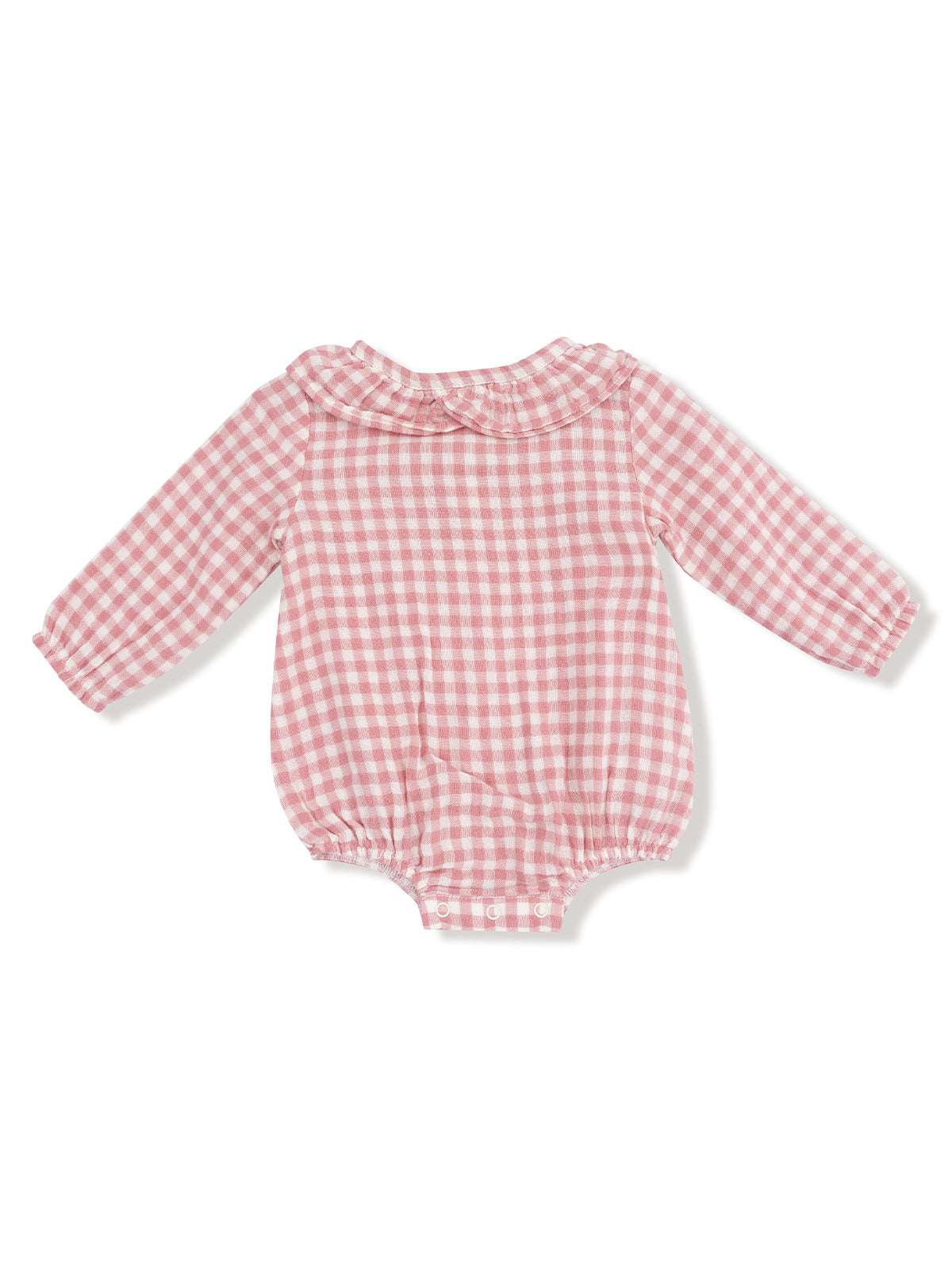 Pink gingham baby onesie with long sleeves and a collar, featuring snap buttons at the bottom.