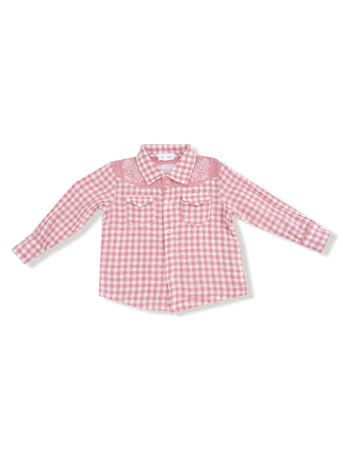 Pink gingham button-up shirt with long sleeves and embroidered details on the yoke. Suitable for casual wear.