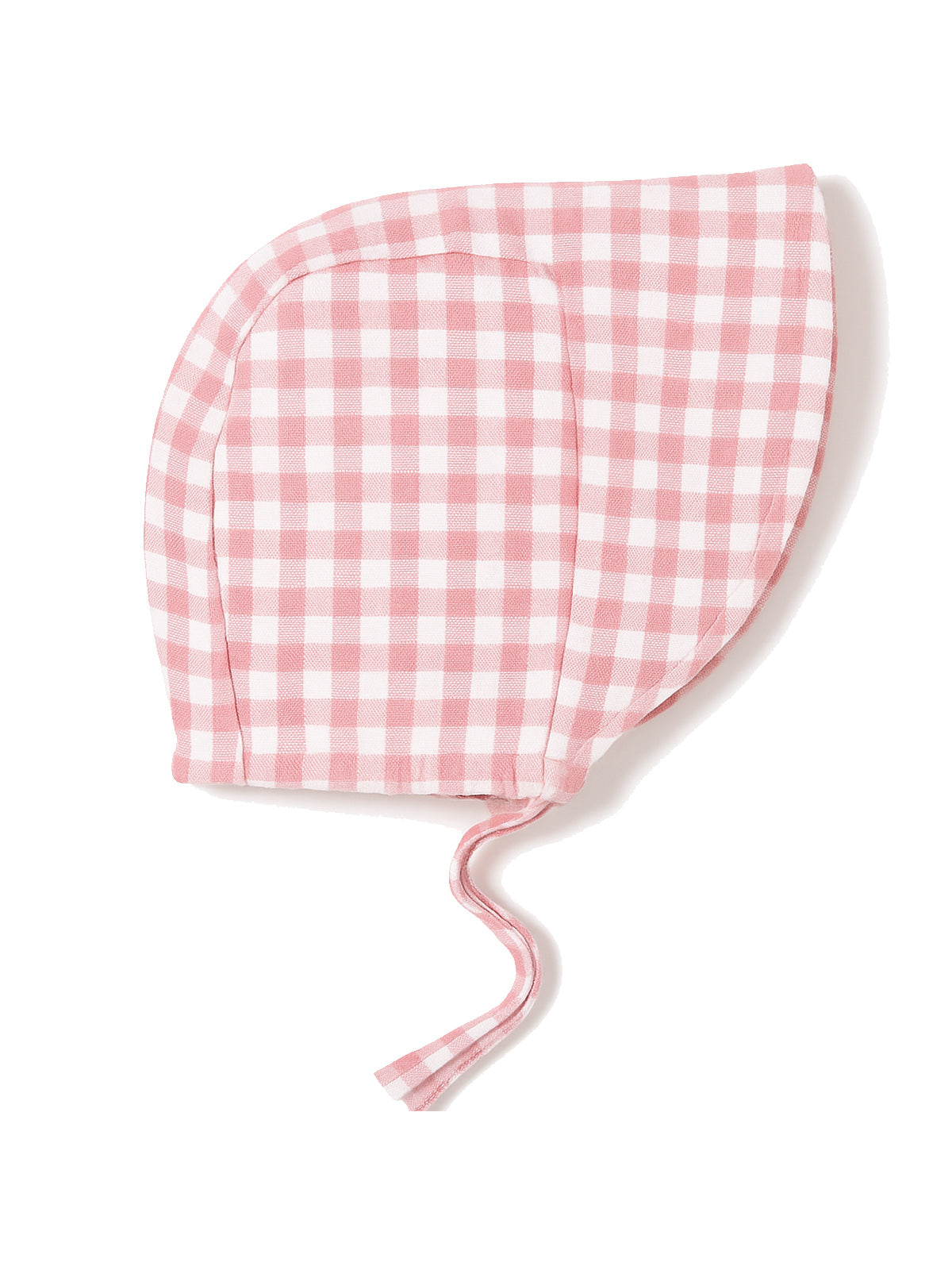 Pink gingham baby bonnet with ties, featuring a soft fabric and a classic design for sun protection.
