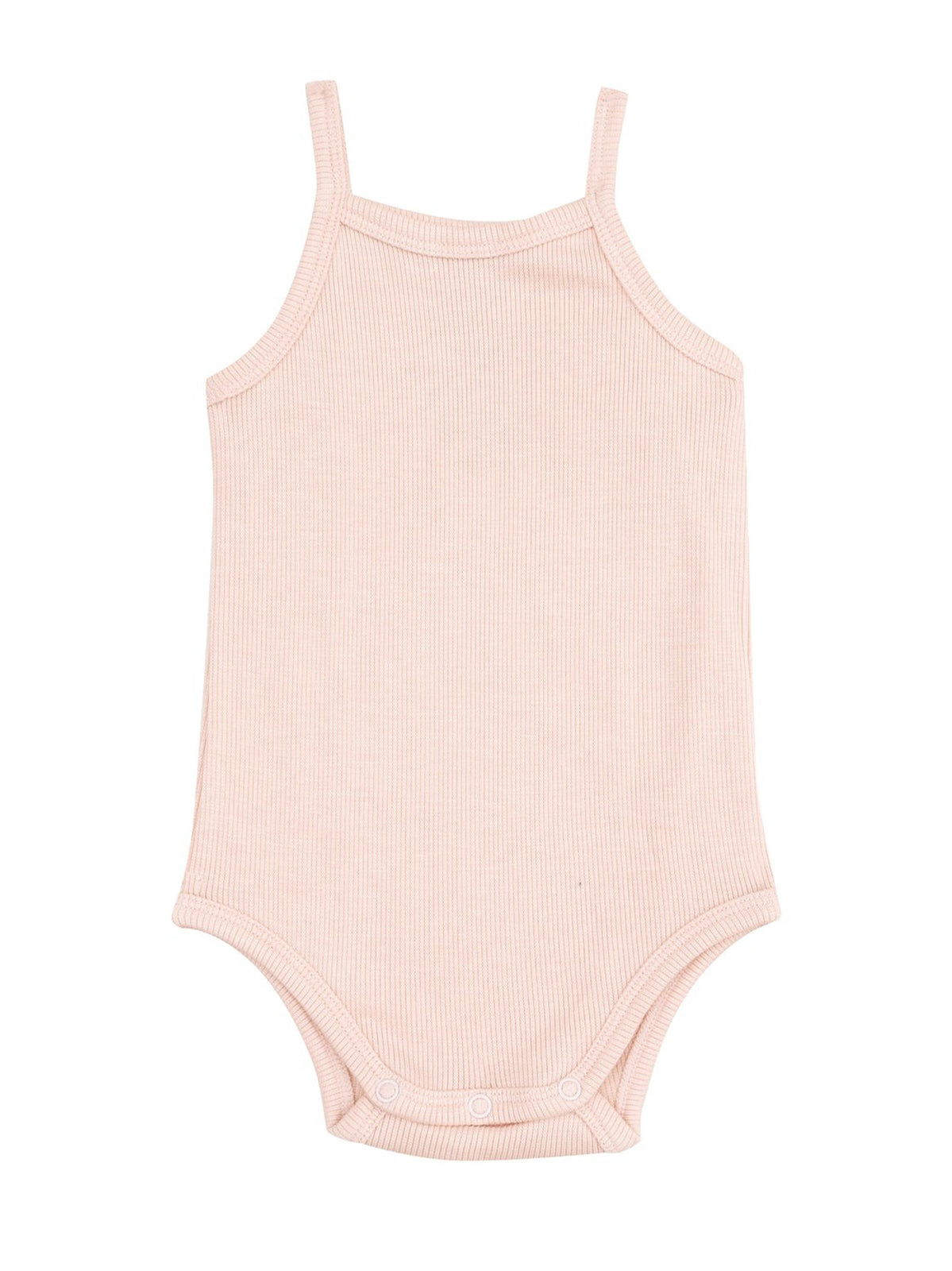 Light pink ribbed baby bodysuit with thin straps and snap closures at the bottom.