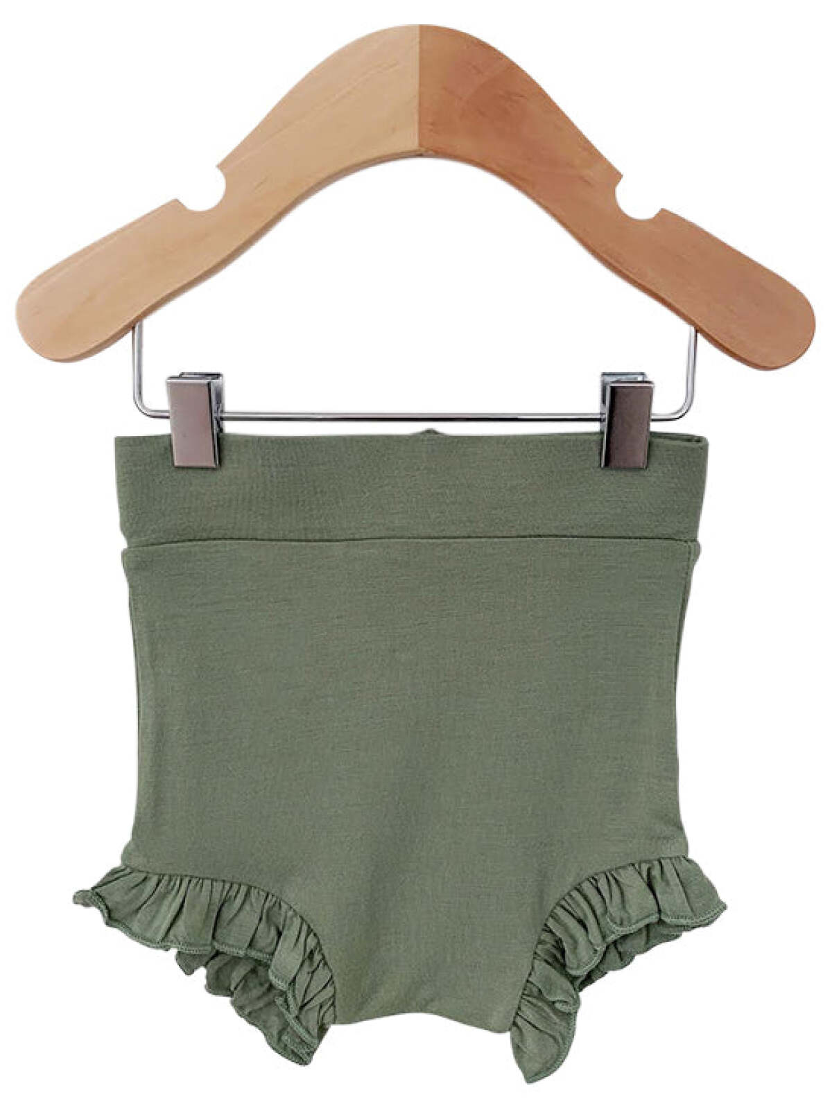 Green ruffled toddler shorts displayed on a wooden hanger.