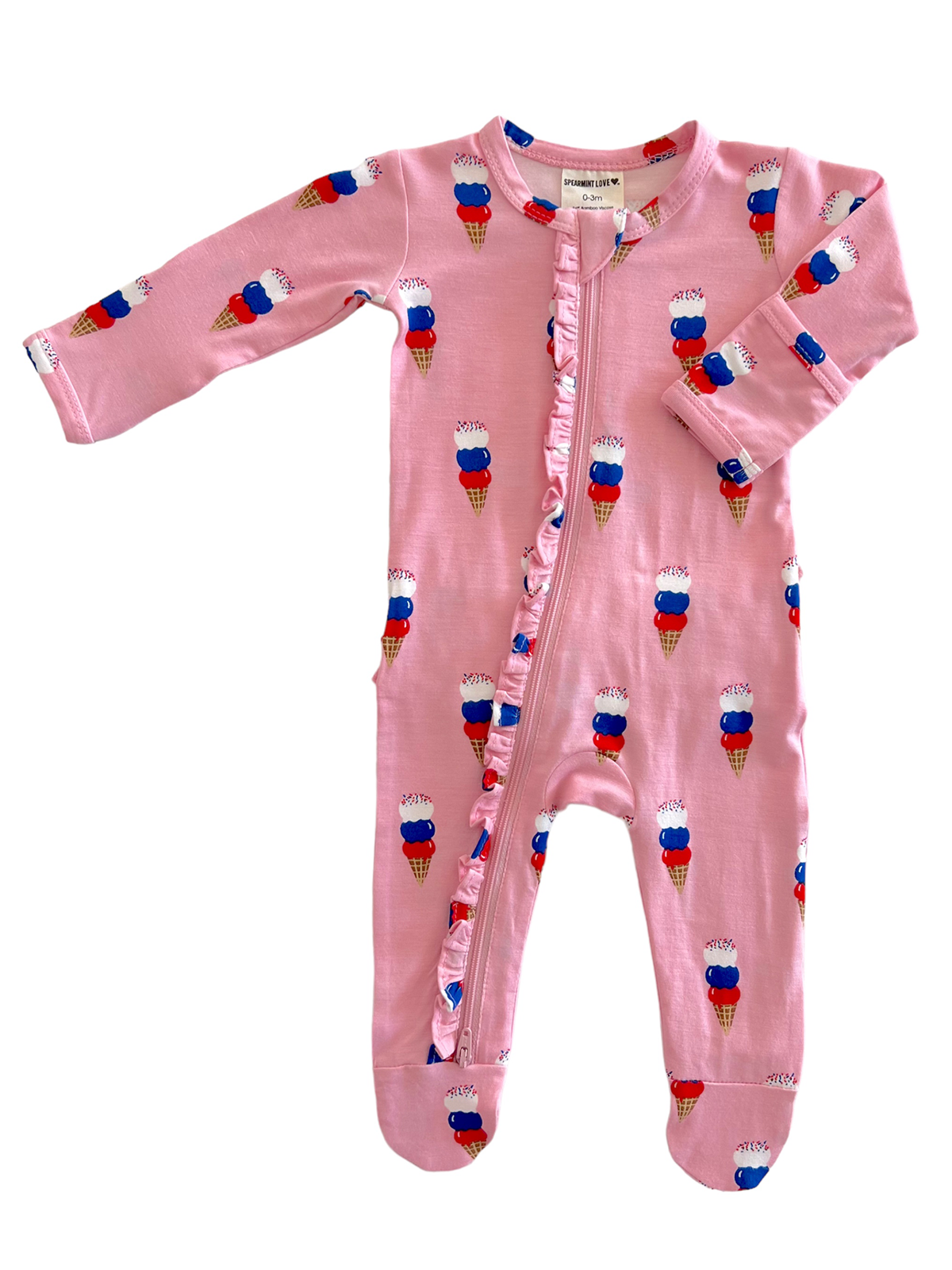 Pink infant onesie with ice cream cone pattern and ruffle detailing along the zipper.