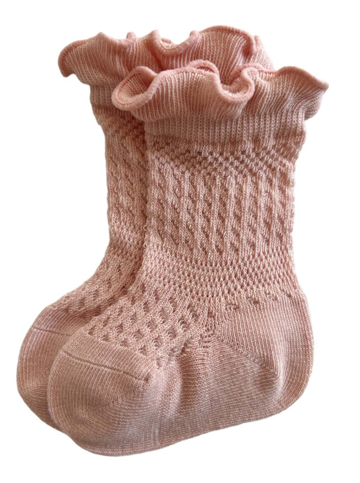 Pink frilled baby socks with a textured pattern, displayed side by side on a white background.
