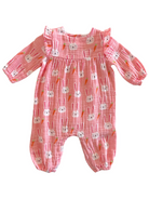 Pink baby romper with bunny and carrot pattern and ruffled sleeves, perfect for spring outfits.