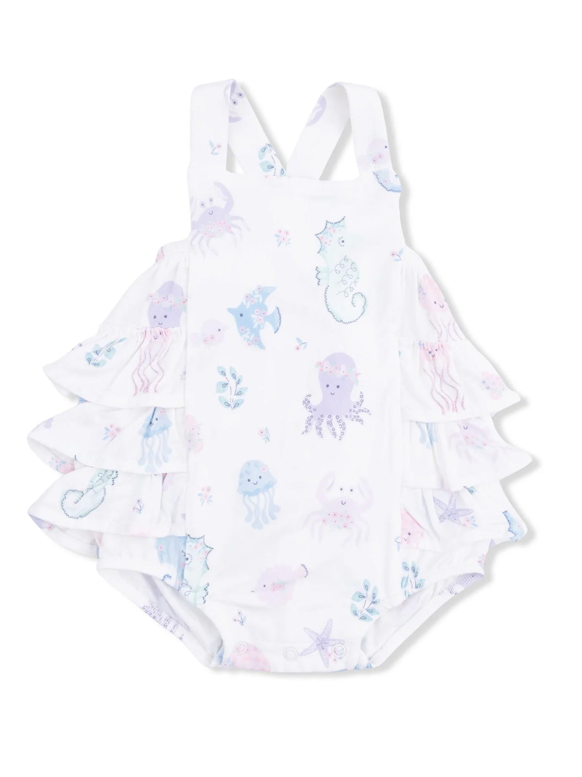 White toddler swimsuit with colorful sea creature patterns and ruffle details. Suitable for summer adventures.