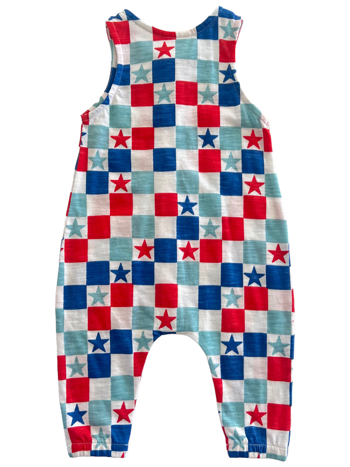 Children's sleeveless romper with a colorful star and checkered pattern in red, blue, and white.