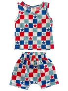 Red, white, and blue star-patterned infant outfit with a tank top and shorts, designed for ages 0-3 months.