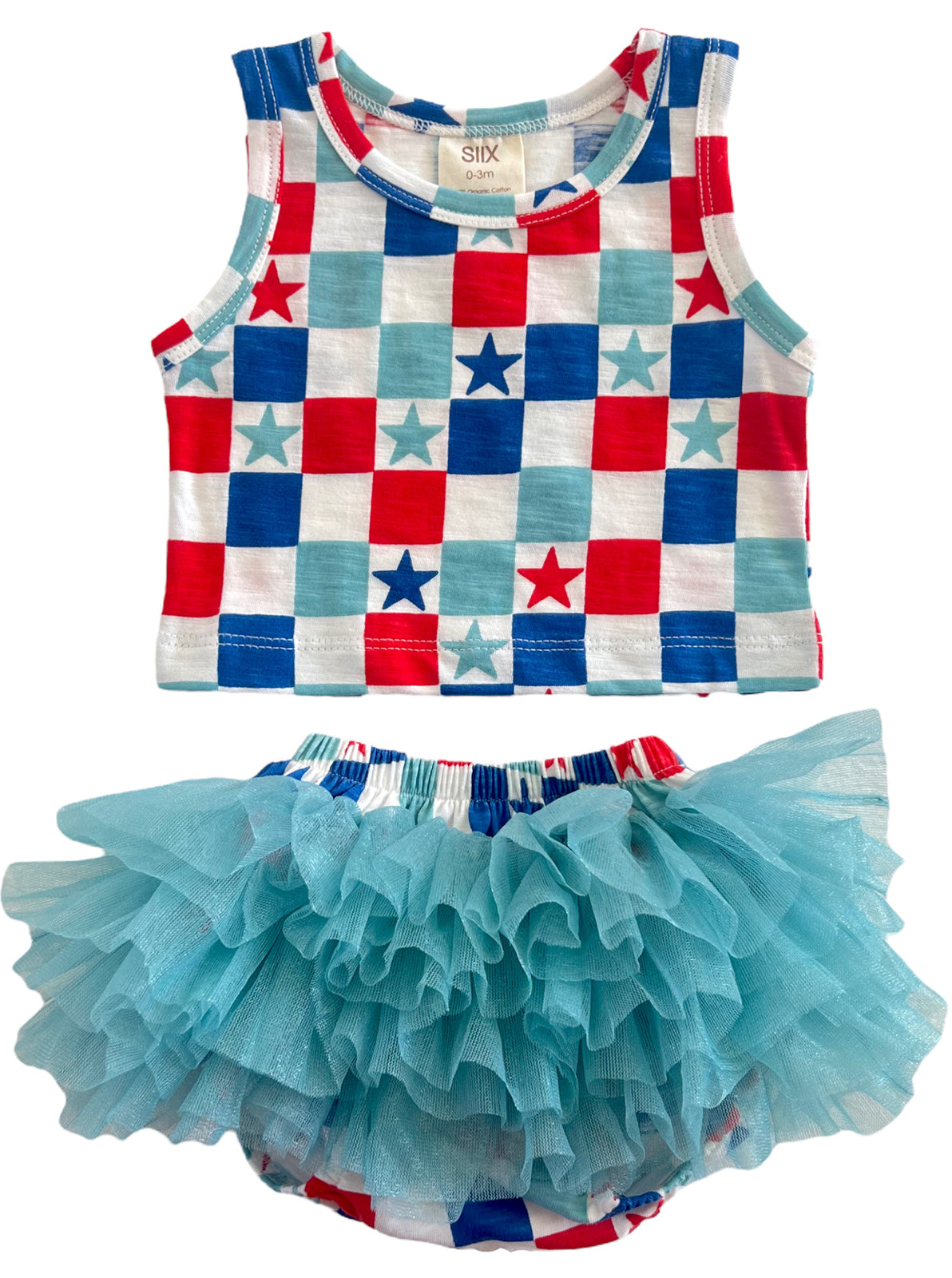 Toddler outfit with a star-patterned tank top and a fluffy blue tulle skirt. Perfect for playful occasions.
