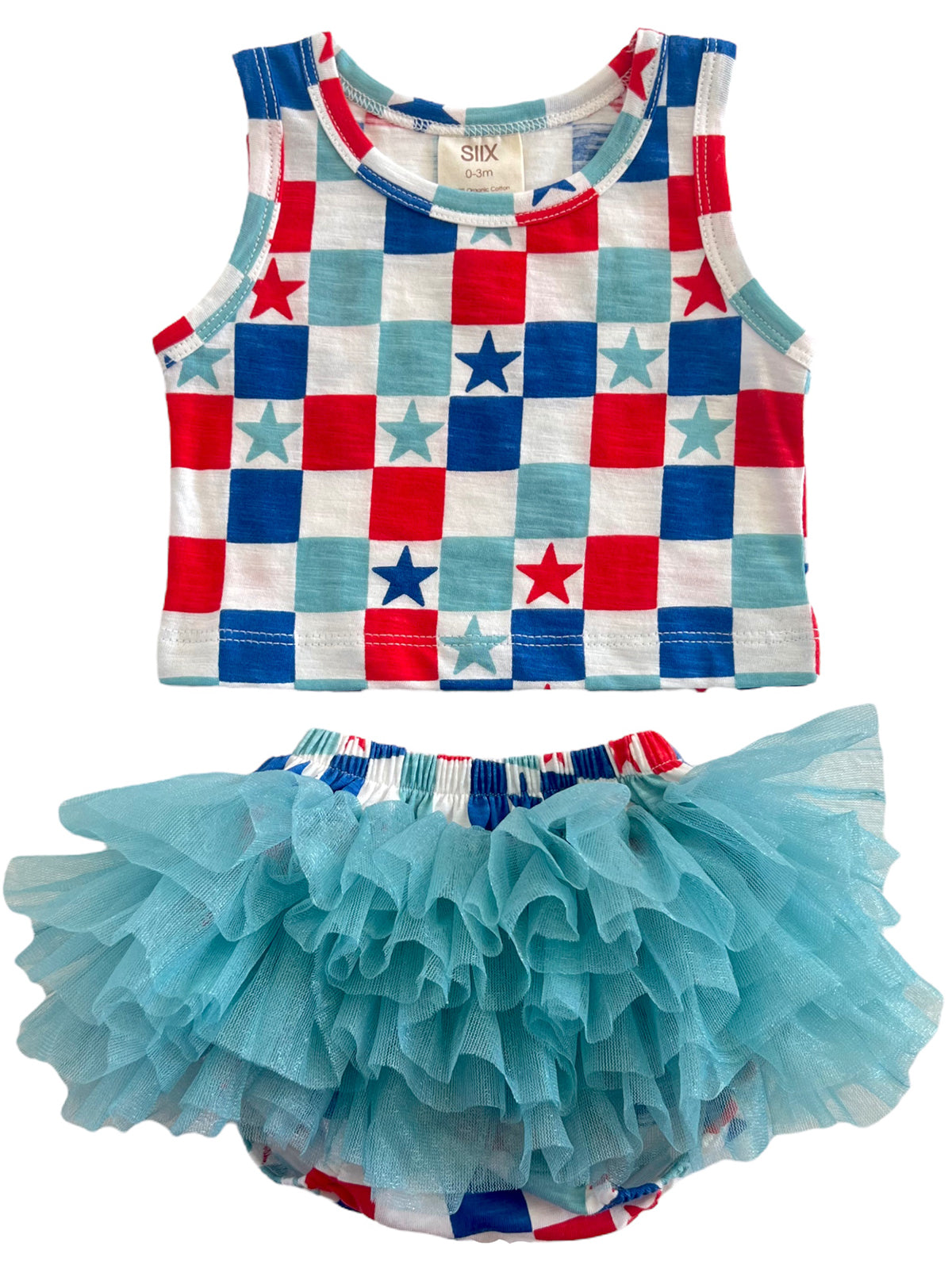 Toddler outfit with a star-patterned tank top and a fluffy blue tulle skirt. Perfect for playful occasions.