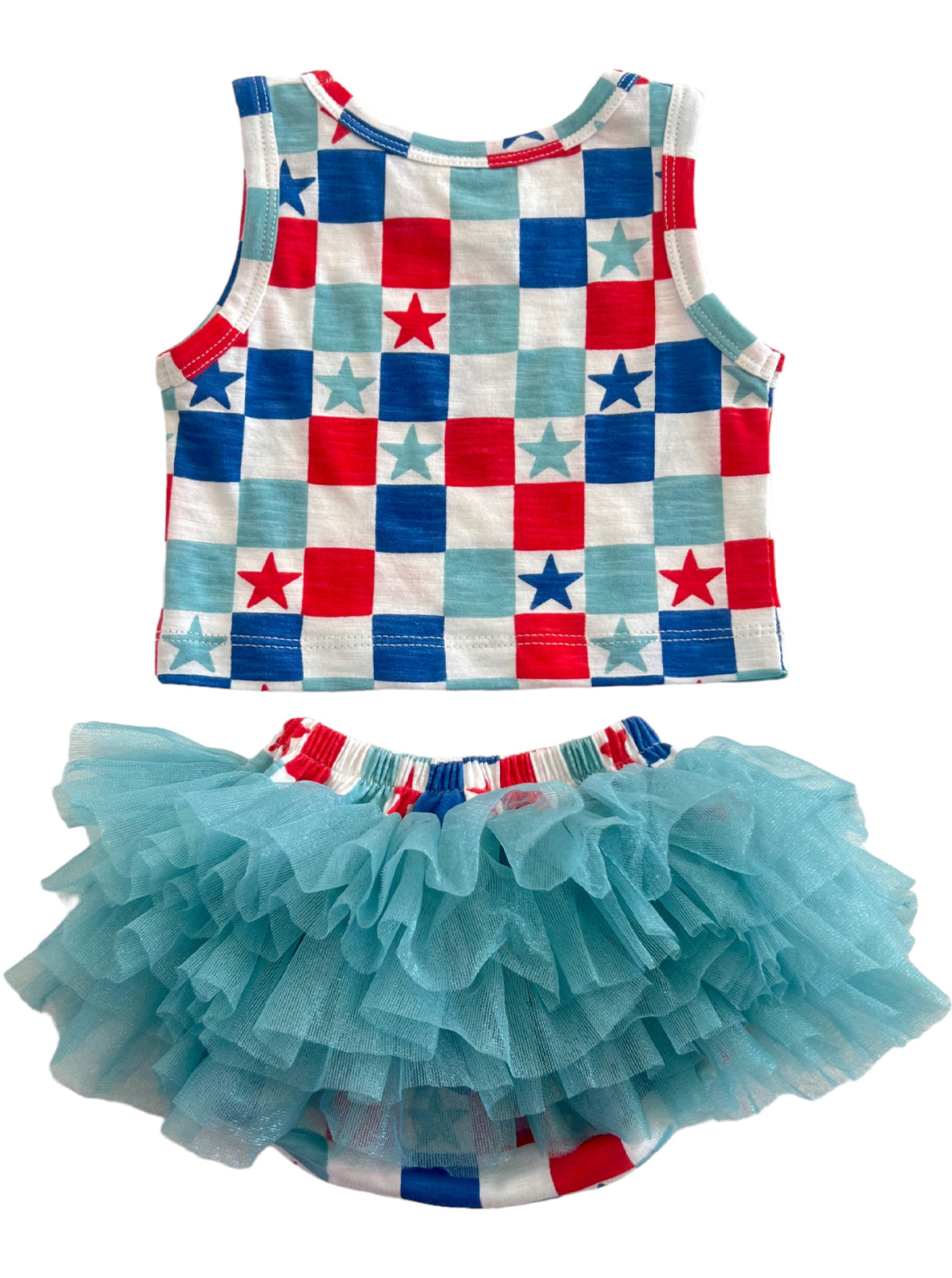 Red, white, and blue star-print tank top paired with a fluffy aqua tulle skirt. Ideal for festive occasions.
