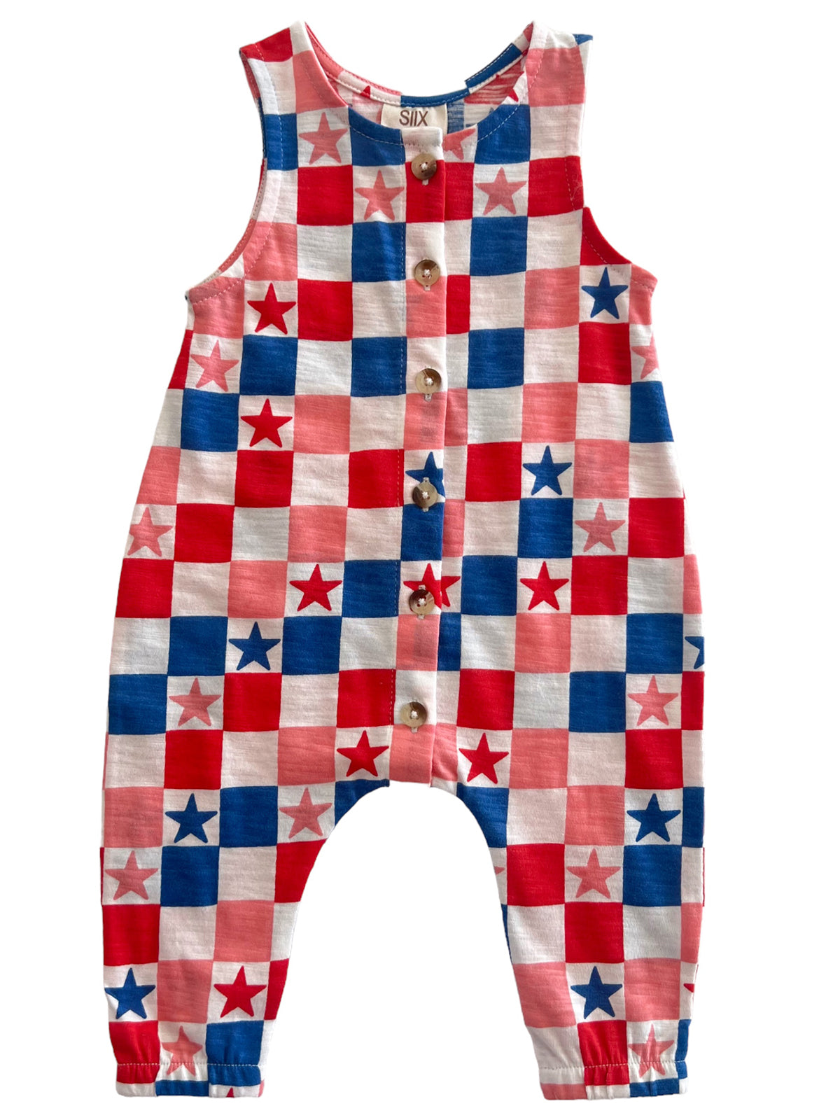 Red, white, and blue checkered baby romper with star patterns and button closures.