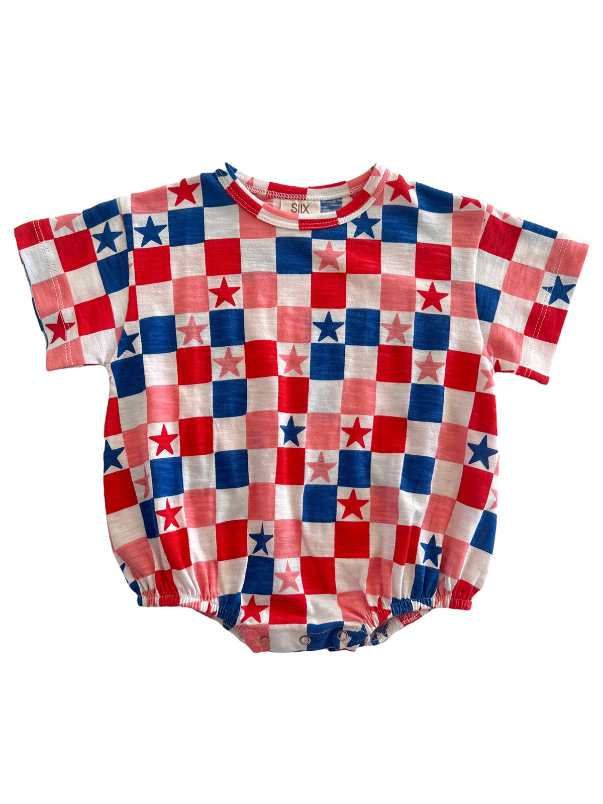 Red, white, and blue checkered onesie with star patterns, designed for children.