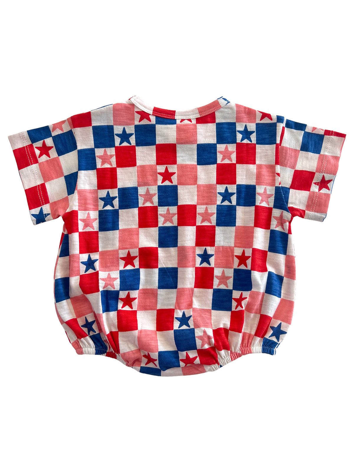 Red, white, and blue checkered baby outfit with star patterns on a lightweight fabric.