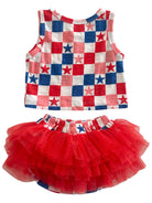 Red, white, and blue star-patterned outfit featuring a sleeveless top and a fluffy tulle skirt. Perfect for celebrations.