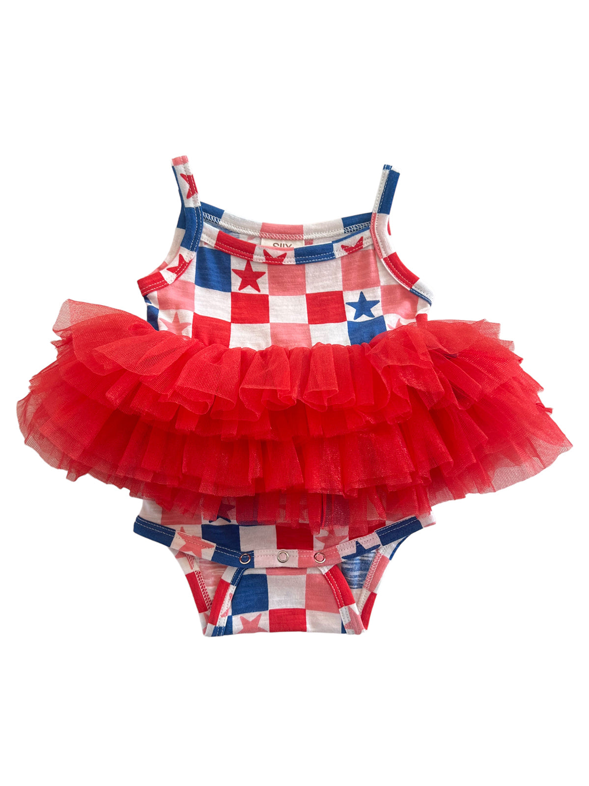 Red and white checkered swimsuit with blue stars and a red tulle ruffle skirt. Perfect for summer fun.