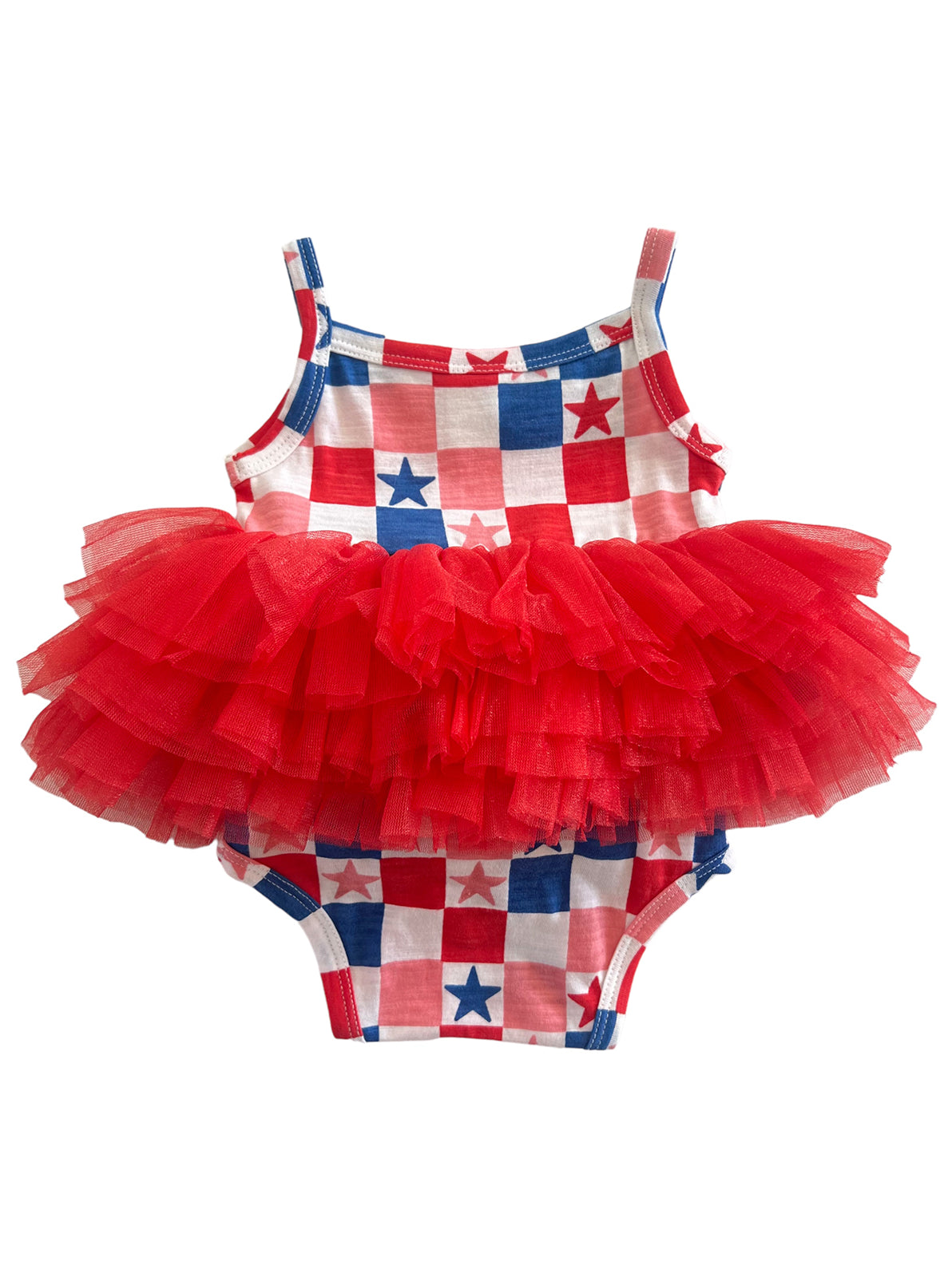 Red and white checkered swimsuit with blue stars and a fluffy red tulle skirt. Ideal for summer fun.