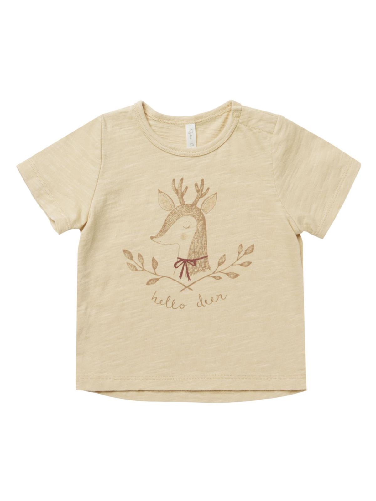 Beige children's t-shirt with a deer illustration and "hello deer" text.