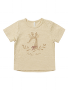 Beige children's t-shirt with a deer illustration and "hello deer" text.