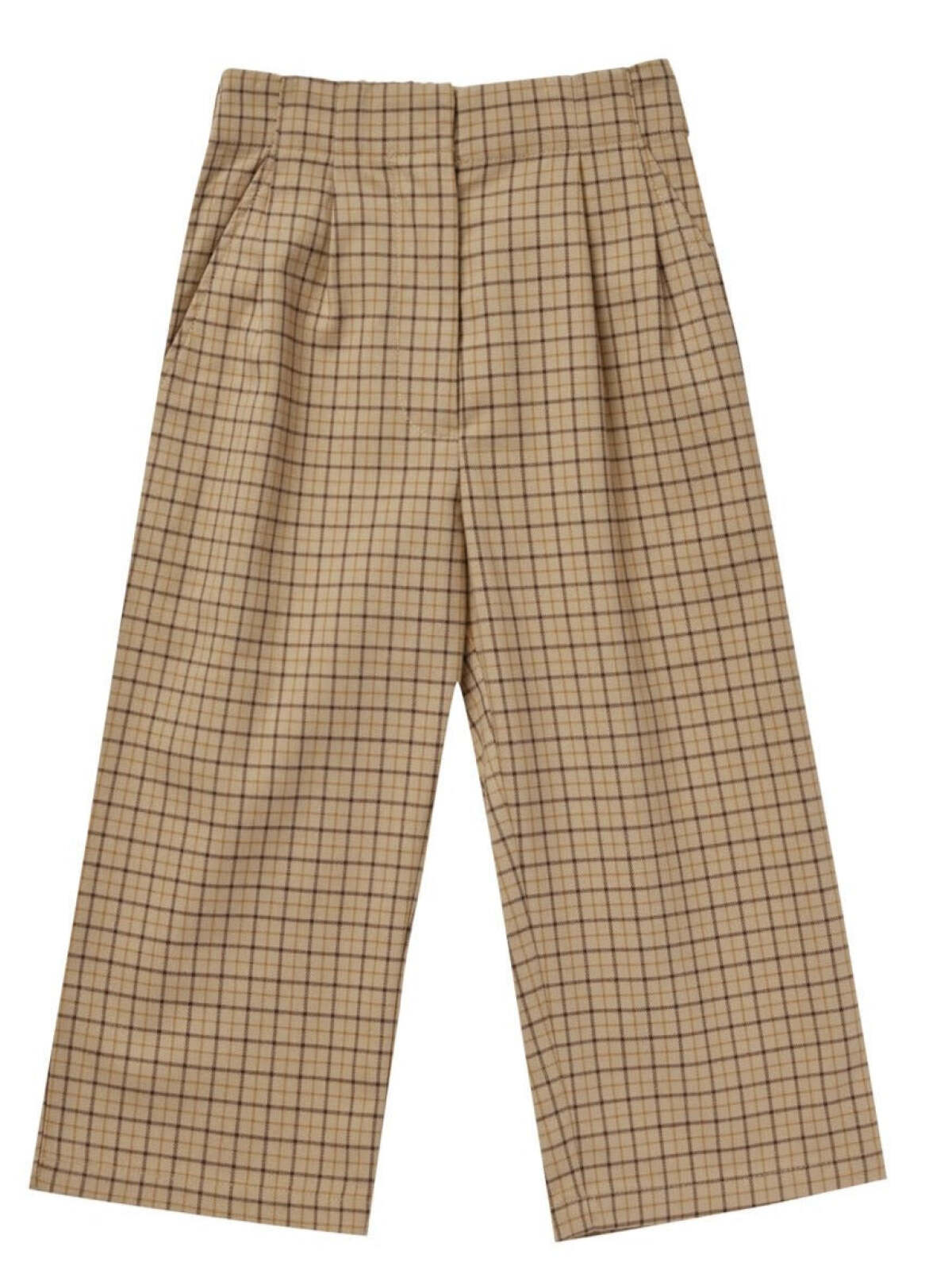 Beige plaid trousers with wide legs and front pleats. Ideal for casual or business casual outfits.