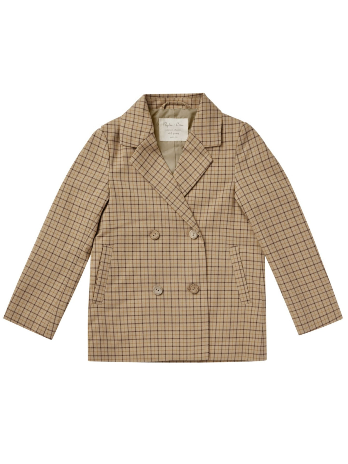 Tan double-breasted plaid jacket with two pockets and notched lapels, ideal for kids' fashion.