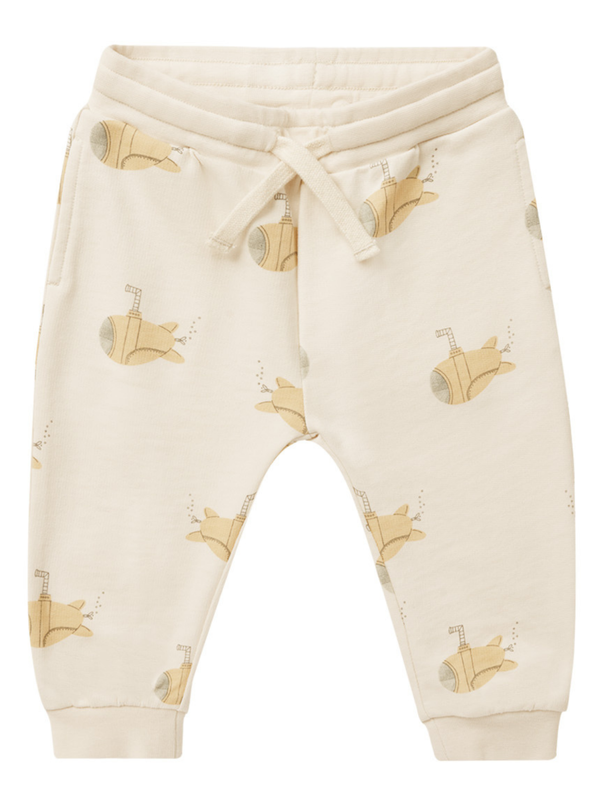Cream-colored pants with submarine patterns and elastic waistband, suitable for casual wear.
