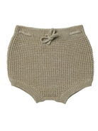 Tan knitted baby shorts with an elastic waistband and bow detail at the front.
