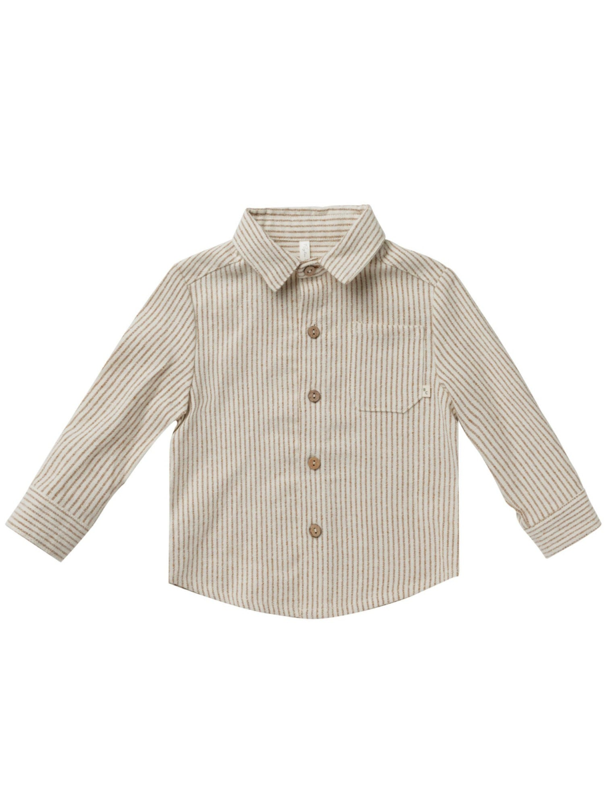Tan and white striped children's long-sleeve button-up shirt with a pocket.