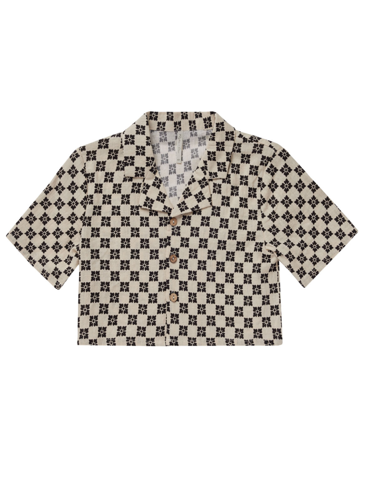 Short-sleeve, cropped shirt with a black and beige checkerboard pattern and wooden buttons.