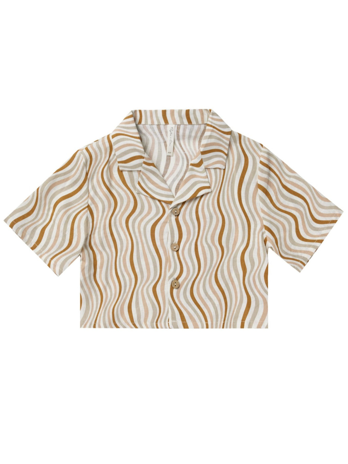 Short-sleeve cropped shirt with a wavy brown and white pattern and a button-front closure.