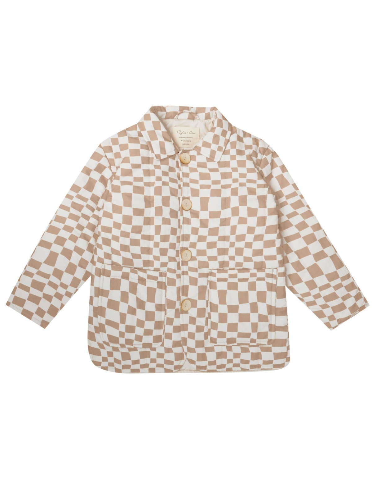 Tan and white checkered jacket with two front pockets and wooden buttons.